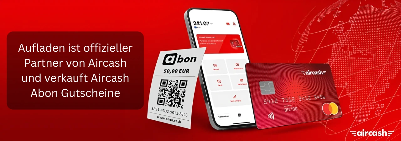 Aufladen offizieller Aircash Partner – Aircash Abon Gutscheine jetzt erhältlich Banner: Aufladen ist offizieller Partner von Aircash und verkauft Aircash Abon Gutscheine, mit Smartphone, Abon Voucher und Aircash Karte auf rotem Hintergrund.
